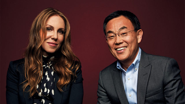 Mary Parent and Jack Gao, Legendary Pictures and Wanda Group, photographed at the PMC Studio for 050217 issue of Weekly Variety on red background